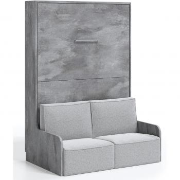 Cama Kora abatible vertical 80x180 con banco en roble blanco y sofá violeta