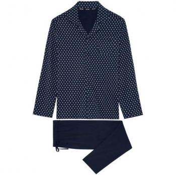 Navy Printed Hom Button Front Long Sleeve Loungewear