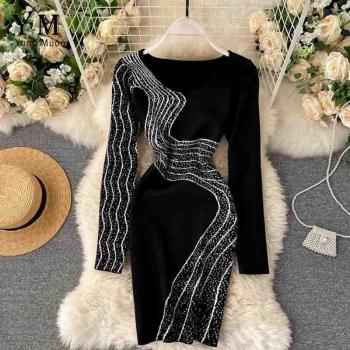 Femme Élégance Yuoomuoo : Robe Moulante Tricotée, Coutures Colorées