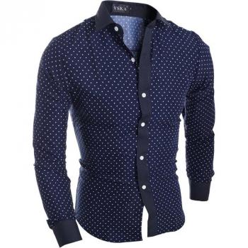 Camisa casual de lunares, cuello vuelto, manga larga