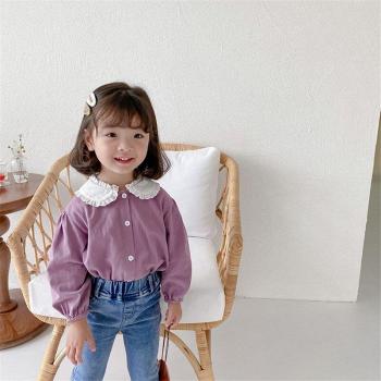 Coton Bébé Féminin Automne Doux Manches Longues Col Mignon en Dentelle Violet
