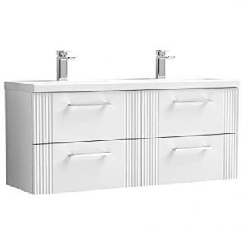 Satin White 1200mm Wall Hung Double Vanity Unit with Twin Polymarble Basin and 4 Drawers