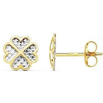 Pendientes de oro bicolor 18k en forma de trébol 8mm con diseño tallado