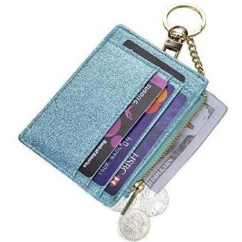 Ehsbuy Slim Wallet with RFID Blocking for Women & Men, Leather Credit Card Holder with Zipper Coin Purse Keychain (Star Teal)