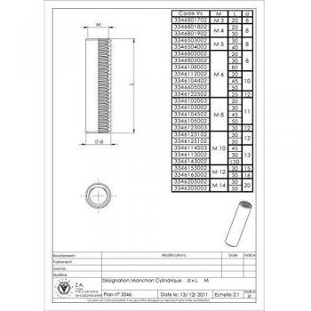 Manchon Cylindrique 11mm Extérieur M8 30mm