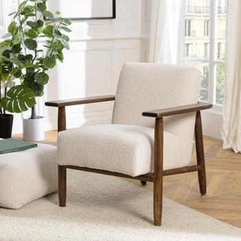 Fauteuil Bouclette Écru MACABANE Gaston structure bois accoudoirs