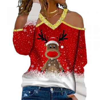 T-shirt Femme Imprimé Noël Manches Longues Froides Or