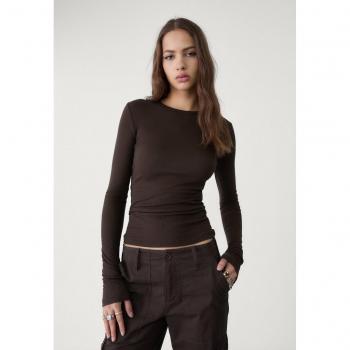 Long Sleeve Ribbed T-Shirt, Brown – L