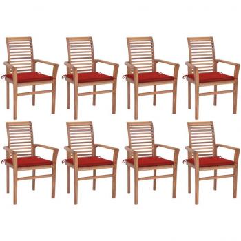 8 Pezzi di Sedie da Pranzo in Massello di Teak con Cuscini Rossi