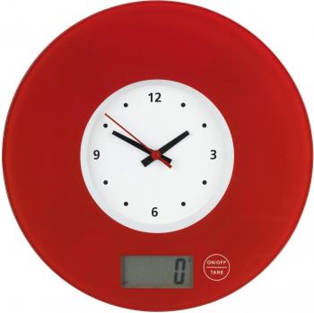 WENKO Time‑Digitalwaage Rot – gehärtetes Glas & integrierte Uhr