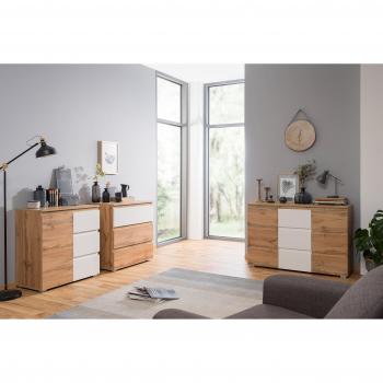Kommode 80 cm breit, griffloses Design, Honigeiche/Weiß