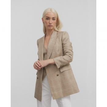 Americana de mujer de color beige con estampado príncipe de Gales y detalle celeste