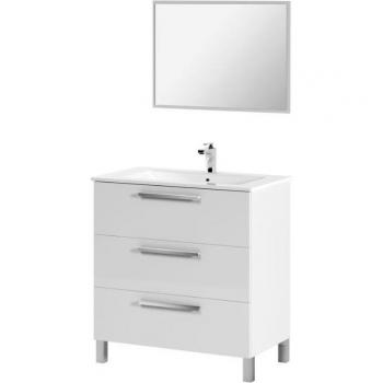 Mueble de baño taria estilo contemporáneo en color blanco brillo con espejo y 3 cajones 80x86x45 cm (lavabo cerámico)