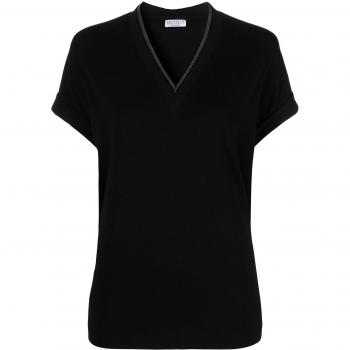 Brunello Cucinelli Women's Black V-Neck T-Shirt, Medium – Pure Cotton (M0T18BD222)