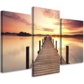 Impression Murale Triptyque Lac Passerelle au Soleil Couchant