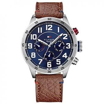 Orologio al quarzo da uomo Tommy Hilfiger Trent 1791066 con visualizzazione analogica, quadrante blu e cinturino in pelle marrone