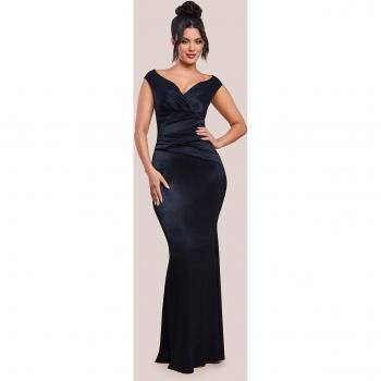 Goddiva Black Off Shoulder Satin Evening Dress