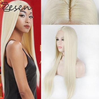 Perruque Zesen Lace Front, cheveux blonds, longue, lisse, 13x4, en fibre résistante à la chaleur
