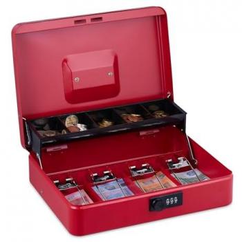 Red lockable cash box, 3-digit combination, with coin slot and 4 note compartments