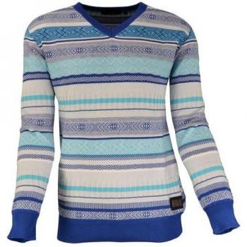 Blue Cotton V-Neck Pullover with Stripes for Men by Carlo Colucci