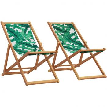 Sedie da Spiaggia Pieghevoli 2 pz Motivo Foglie Tessuto e Legno