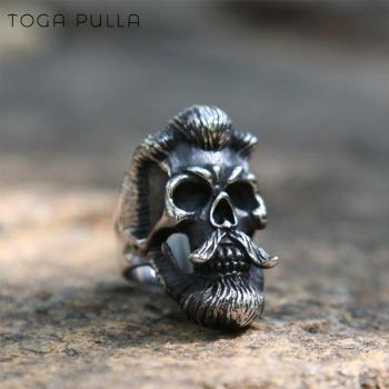 Anillo para Hombre en Acero Inoxidable 316L, Estilo Vintage Punk, Motociclista, Temática Bigote Barbudo y Calavera, Tallas entre 7 y 15