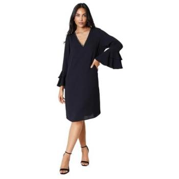 Wallis Petite Embellished Sequin Ruffle Sleeve Shift Dress, 10, Black
