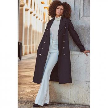 Black Longline Trench Coat with Faux Leather Accents – Female, UK 20