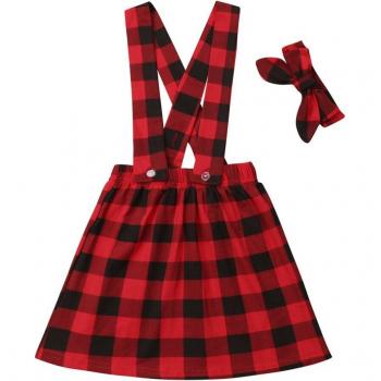 2Pcs Christmas Baby Girl Set with Plaid Suspenders and Skirt