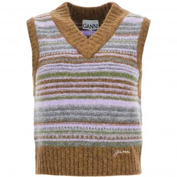 Ganni Multicolor V-Neck Striped Merino Wool Vest – Size L