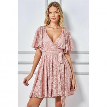 Goddiva Lace Kimono Wrap Skater Mini Dress