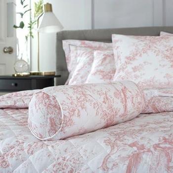 Pink Printed Toile Bolster Cushion 46cm x 14cm