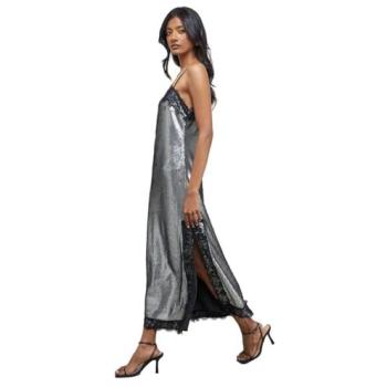 Women's Gun Metal Sequin Slip Dress with Lace Trim – Midi Length