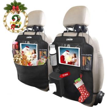 Oasser 2PCS Kick Mats Car Organisers Waterproof Seat Back Protectors with 10 iPad Tablet Touch Screen Holder Multi Pockets Including Tissue Box