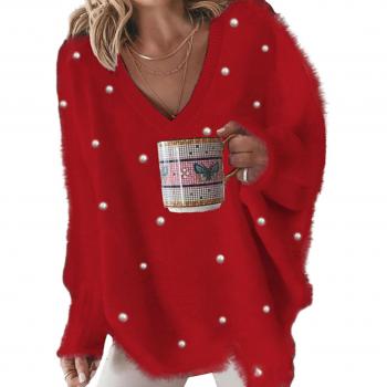 Blusa Caliente Felpa Cuentas Cuello En V