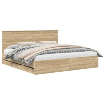 VidaXL Sonoma Oak 200x200cm Bed Frame + Headboard, Engineered Wood Construction
