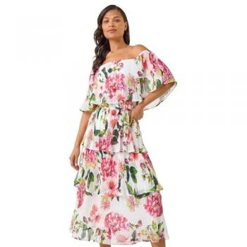 Roman Bardot Print Floral – Robe à Tissu Léger – Blanc 40