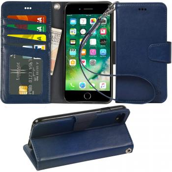 Arae Slim Fit Wallet Case for iPhone 7/8, Genuine Leather Cover with Card Holder and Stand Feature (Navy Blue)