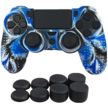 Housse souple pour manette PS4 avec grips de pouce Camouflage bleu