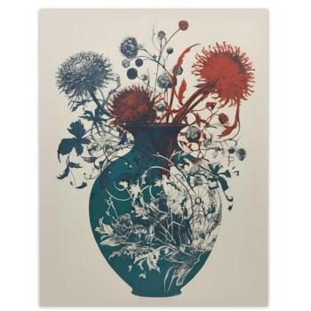 Teal‑Blue Red Scottish Thistle Wall Art – Abstract Linocut Design