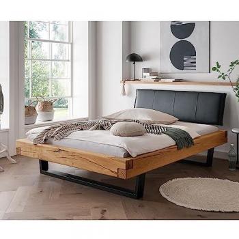 UPPSALA-137 Massivholz Doppelbett, 200x200 cm, Eiche, schwarzes Lederkopfteil