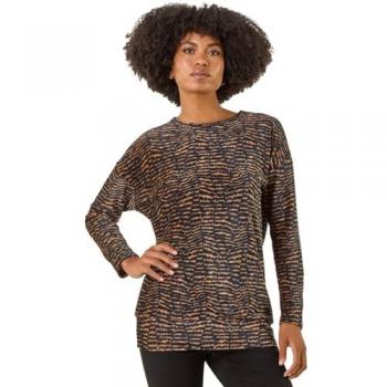Roman Roman Braun Animal Print Blusentop mit Bubble-Saum