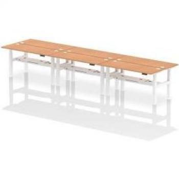 Dynamic Air Back-to-Back W1600 x D600mm Height Adjustable Sit Stand 6 Person Bench Desk With Cable Ports Oak Finish White Frame