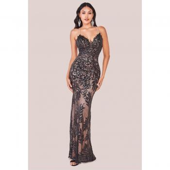Goddiva Women's Black Sequin Maxi with Cross Back