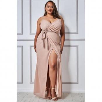 Goddiva Women's Plus Size Long Wrap Dress with Spaghetti Straps and Maxi Split