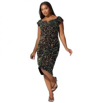 Taille XL – Yours Curve Black London Sequin Velvet V 50