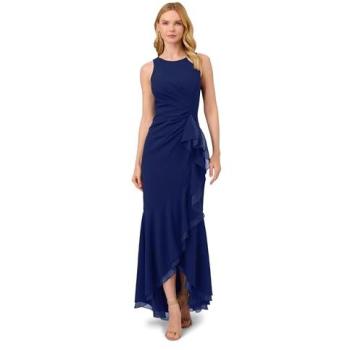 Adrianna Papell Robe Crepe Bleu à Licol et Volants 42