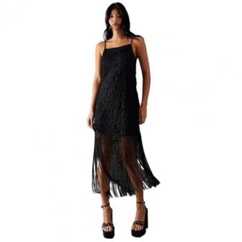 Corded Lace Strappy Fringe Hem Mini Dress