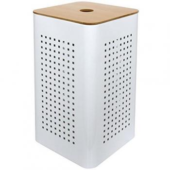 Panier à linge pm en métal blanc avec toit en bois – 30×30×50 cm