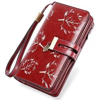 LUROON Leder Geldbeutel Damen Groß, Portemonnaie mit 24 Kartenfächern, RFID Schutz, Handyfach und Reißverschluss (Rot)